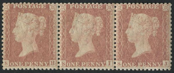 SG38var Spec C9(4) 1857 1d pale Rose Pl.34 VFU strip of 3 SH-SJ with RPS Cert