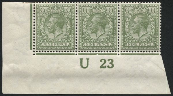 SG393a 1912-24 9d Olive Green, (imperf) strip of 3 with U23 control, fine M/M