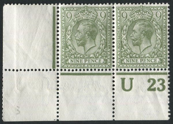 SG393a 9d Olive Green corner marginal pair control U23, lovely fresh U/M