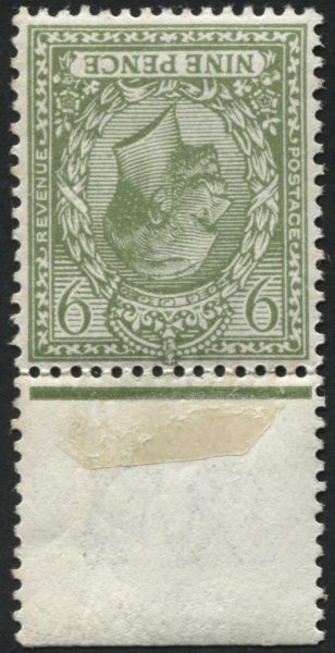 SG393awi 9d Olive Green Wmk Inv U/M, hinged in margin with gum wrinkle, SG Cat 1500.00