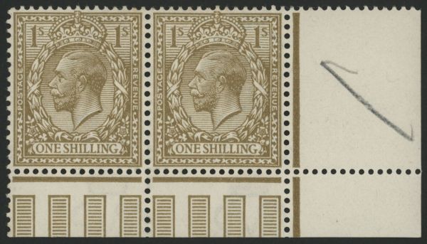 SG395 Specza 1/- Bistre broken dandy roll missing crown, very fine mint in pair with normal