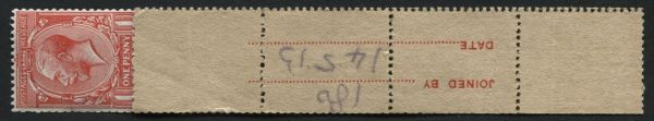 SG398SpecN17 Variety 1d Scarlet attached to coil trial annotated  joined by 186 dated 14.05.1913