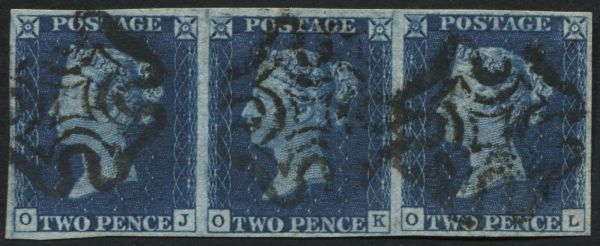 SG4 2d Blue OJ-OL, a magnificent strip of 3 in deep full Blue, gorgeous colour