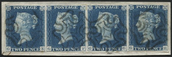 SG4 2d Blue plate 1 GE-GH horizontal strip of 4, superb lovely Black Maltese cross on each