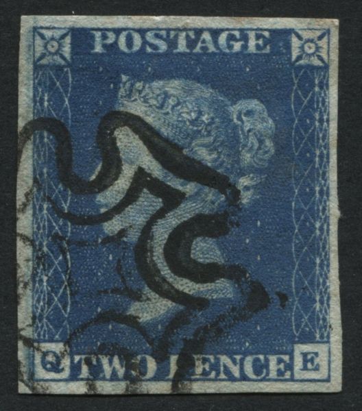 SG4 2d deep Blue QE, used with Black Maltese cross from plate 2, 4 good margins