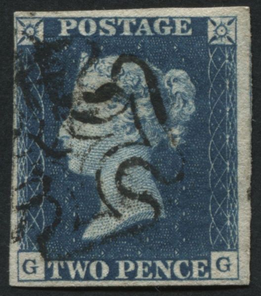 SG4 2d deep full Blue GG plate 1 clear margins, has a crisp Black Maltese cross of Greenock