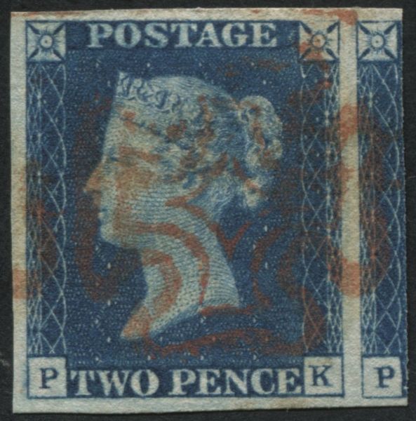 SG4 pl12 1840 2d Blue PK 4 v large-huge margins (large part of R/H stamp) light Red Maltese cross, lovely colour - scarce, especially in this exceptional quality