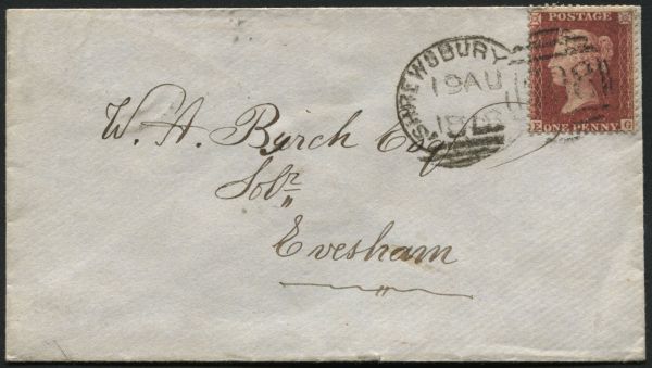 SG40 1d Rose-Red EG on envelope Shrewsbury to Evesham, spoon cancel