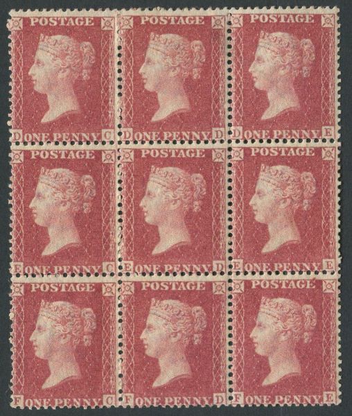 SG40 SpecC10(5) 1d Rose-Red, Pl42, DC-FE, Block of 9, Deep Colour, 5 are U/M