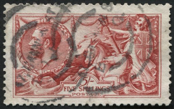 SG401 5/- Rose-Carmine light double ring cancel F/U, SG Cat 325