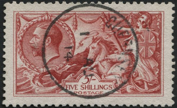 SG401 5/- Rose Carmine, with magnificent 1914 cds and perfect centering