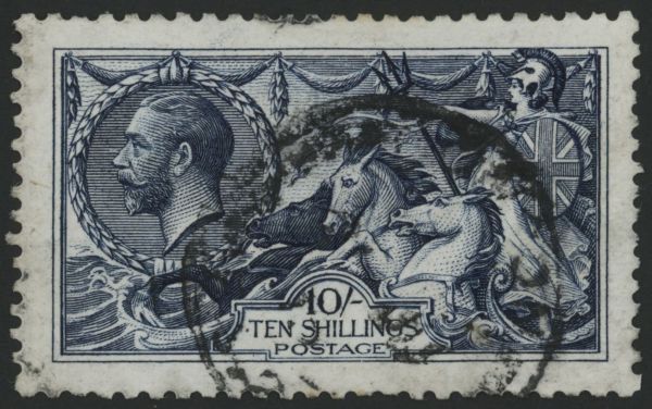 SG402 10/- indigo Blue F/U circular cancel clear of Kings portrait, SG Cat 115.00