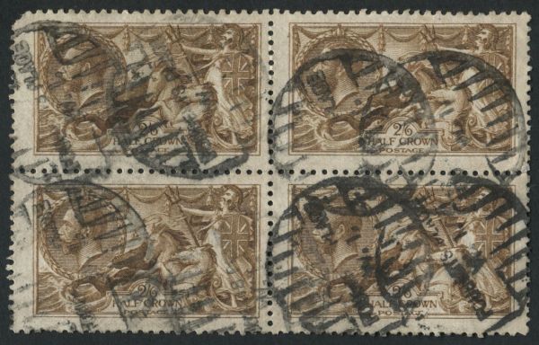 SG405 2/6d Yellow-Brown block of 4, used with one stamp corner perf missing