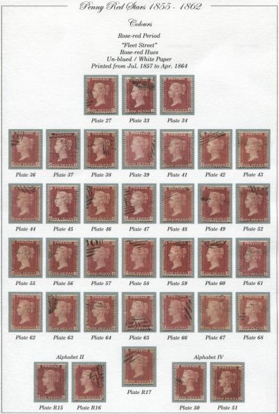 SG40SpecC10 1d Rose Red Pl.27-R51, 36 different beautifully cancelled inc. scarce & rare plates