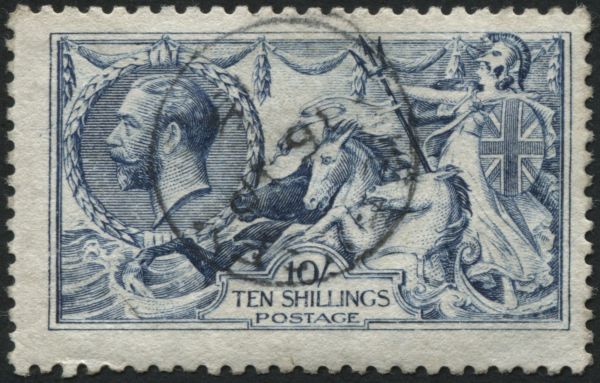 SG411 10/- deep Blue worn plate Seahorse, VF/U steel thimble - lovely!