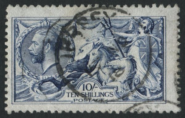 SG411 1915 De la Rue 10s deep blue, cancelled with JERSEY cds.