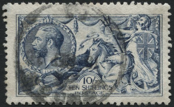 SG412 10/- Blue good perfs, London cds F/U