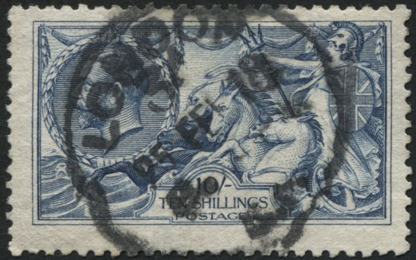 SG412 10/- Blue, London ring cancel 1918