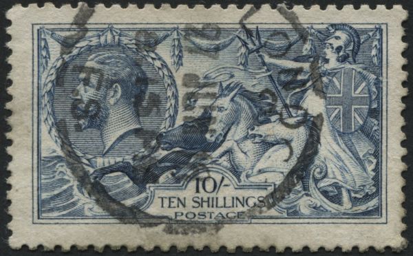 SG413 10/- pale Blue good perfs, light London Foreign Service