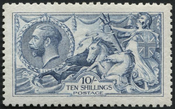 SG413 10/- pale Blue superb perforations, has faint gum tone