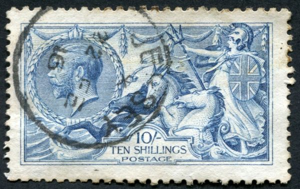 SG413 10/- VF/U, superb pale Blue with Jersey cds