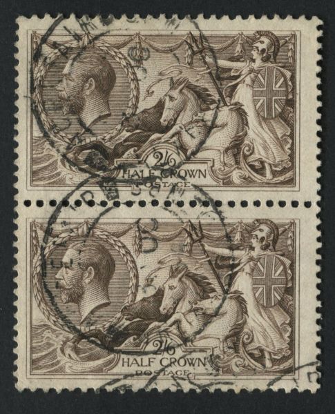 SG414 2/6d Chocolate Brown, a vertical pair each with double ring cancels