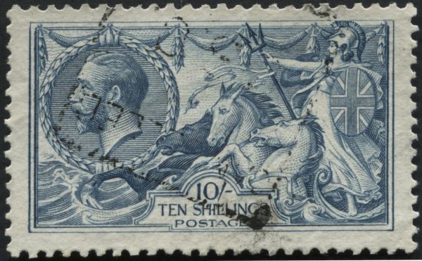 SG417 10/- Grey Blue F/U, light boxed cancel