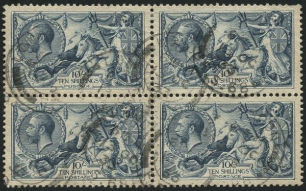 SG417 1918-19 Bradbury 10s dull Grey-Blue block, lower left stamp with small tear, F/U with cds