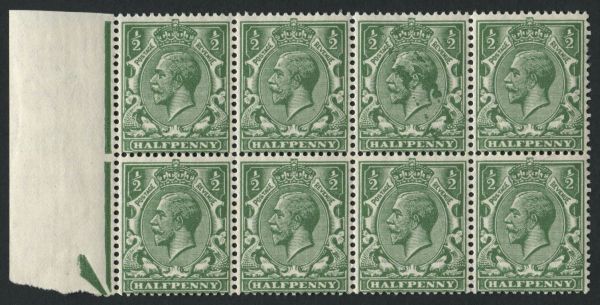 SG418 d Green, a marginal U/M block with stark Green inking flaw disfiguring the Kings portrait