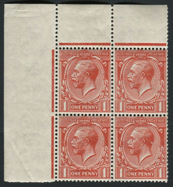 SG419b 1924-26 1d Scarlet block on experimental Wmk paper, stamps U/M