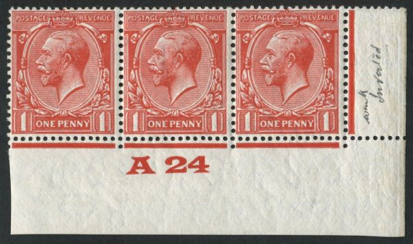 SG419wi 1924-26 1d scarlet lower right corner marginal strip of 3 with A24 control, wmk INV,