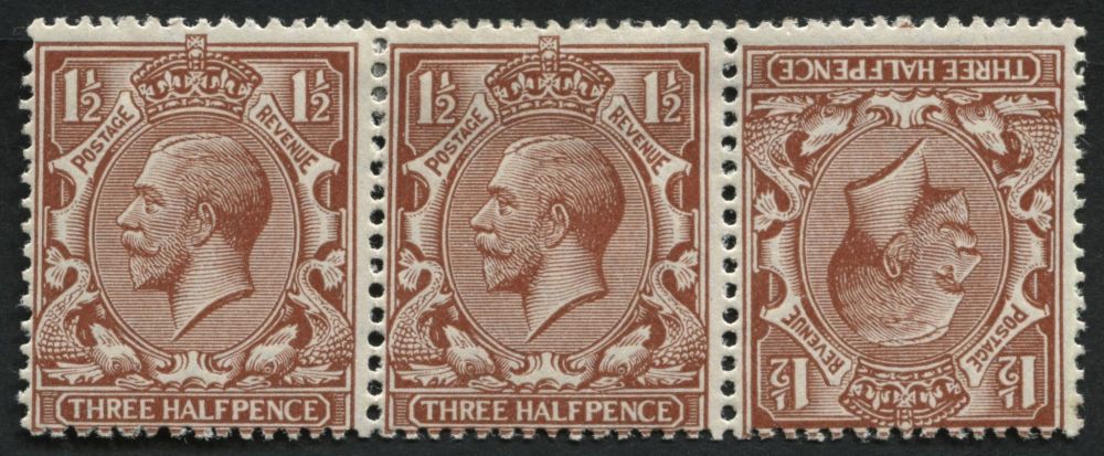 SG420a 1d Tete Beche strip of 3, centre stamp is hinged, v fine