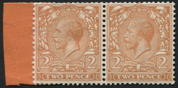 SG421b 1924-26 2d Orange horizontal pair with coil leader at left, Wmk sideways, U/M