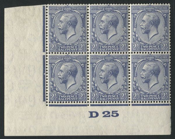 SG422wi 1924-26 2d blue, block of 6 with D25 control, wmk INVERTED, U/M