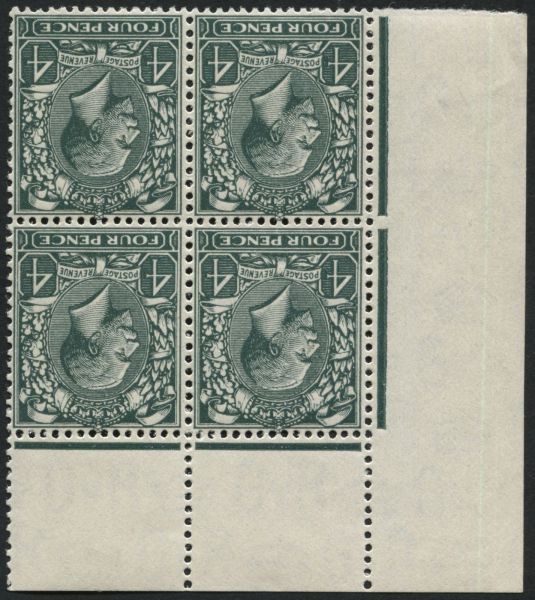 SG424 1924 4d Grey-Green Inv Wmk block of 4 U/M, Pristine fresh top L/H marginal - lovely quality