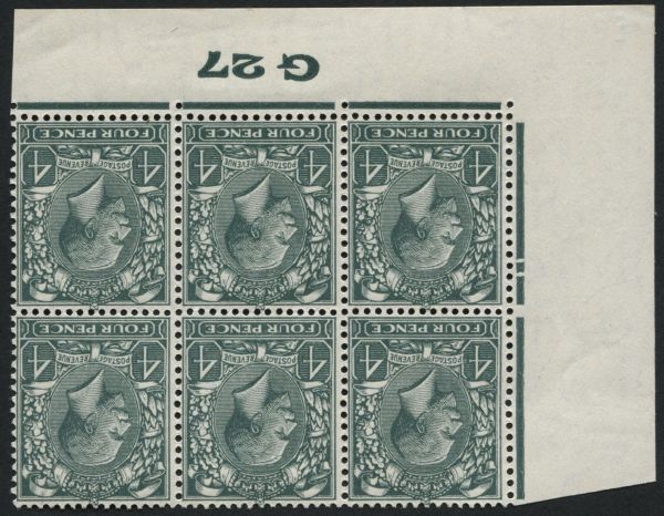 SG424wi 1927 4d Grey Green Wmk. Inv U/M G27(I) control printed by Waterlow from Pl.3