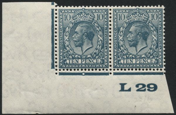 SG428 1929 10d Turquoise-Blue plate 2b corner control L29 pair, stamps unmounted