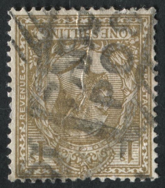 SG429wi 1/- bistre brown watermark inverted, light parcel cancel good used