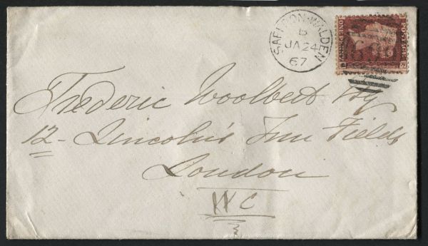 SG43 1d Red tied to 1867 envelope, 699 SAFFRON WALDEN error (should read 669)