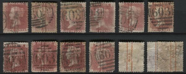 SG43 1d Rose Red and 1d Red plate with overprint x 10 & underprint various plates good