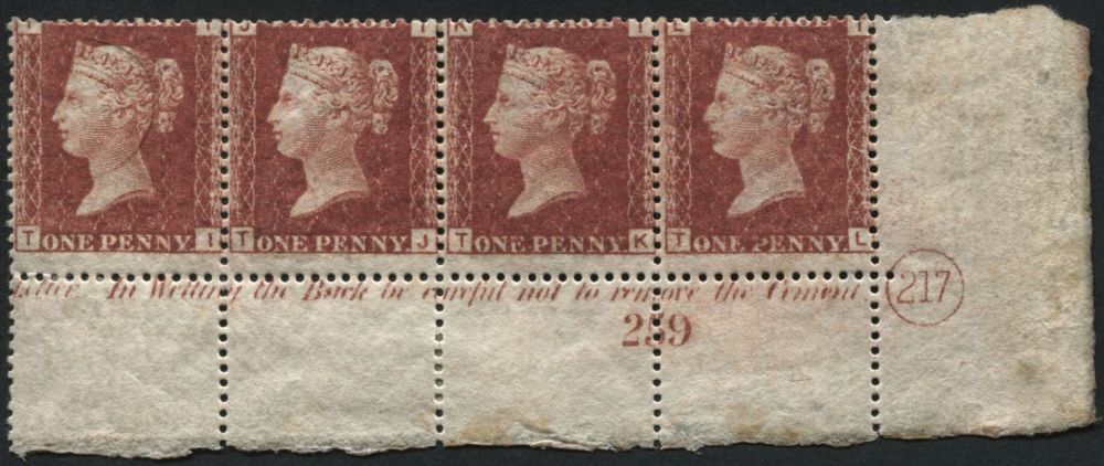 SG43 1d Rose Red Pl.217, a lower right strip marginal with Pl.number 217 in circle