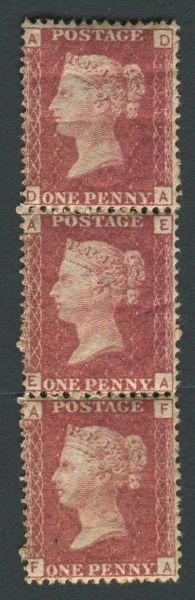 SG43 1d Rose-Red Pl156, DA-FA, strip of 3, fine & fresh, EA is U/M