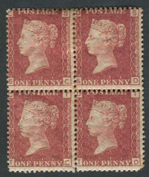 SG43 1d Rose Red, Pl193, SC-TD, block of 4, blunt corner to TD, Good colour M/M