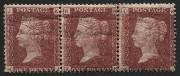 SG43 1d Rose Red plate 145 strip of 3 KJ-KL, U/M with usual gum shrinkage