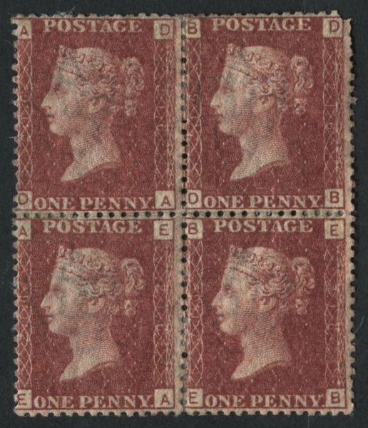 SG43 Pl216 1858-79 1d Red plate 216 DA/EB block of 4, odd short perf U/M