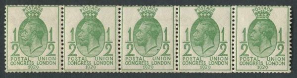 SG434a 1929 PUC d Green, Watermark Sideways, Strip of 5, 2 are Unmounted mint