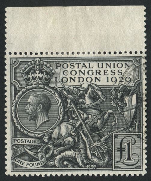 SG438 1 Postal Union Congress with top margin attached, full perforations small part ring cancel a