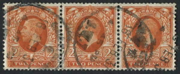 SG442b 1934-36 photogravure 2d Orange horizontal strip of 3, Wmk sideways cancelled with London cds