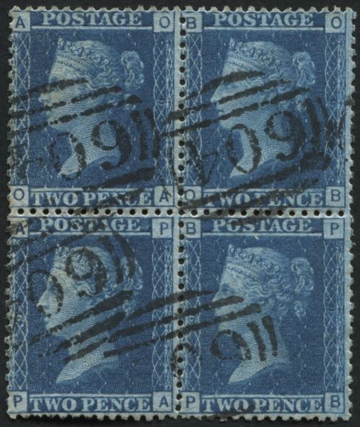 SG45 2d Blue OA-PB plate 9, F/U block of 4