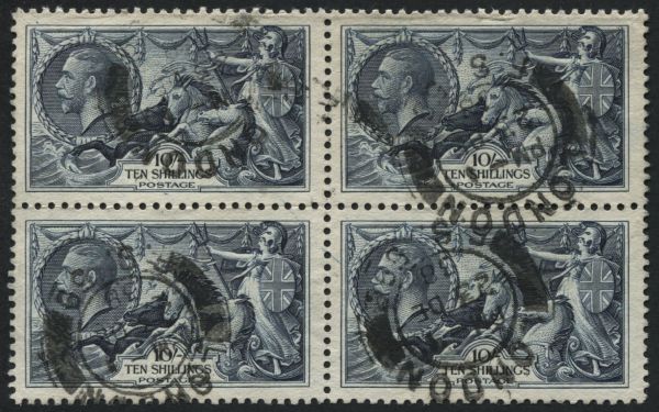 SG452 1934 re-engraved 10s Indigo, block of 4 F/U with cds